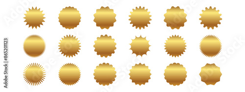 Set of gold sunburst stickers. Price tags with zig zag, scallop, wavy edges. Kit of badges, stamps, labels, speech bubbles isolated on white background.