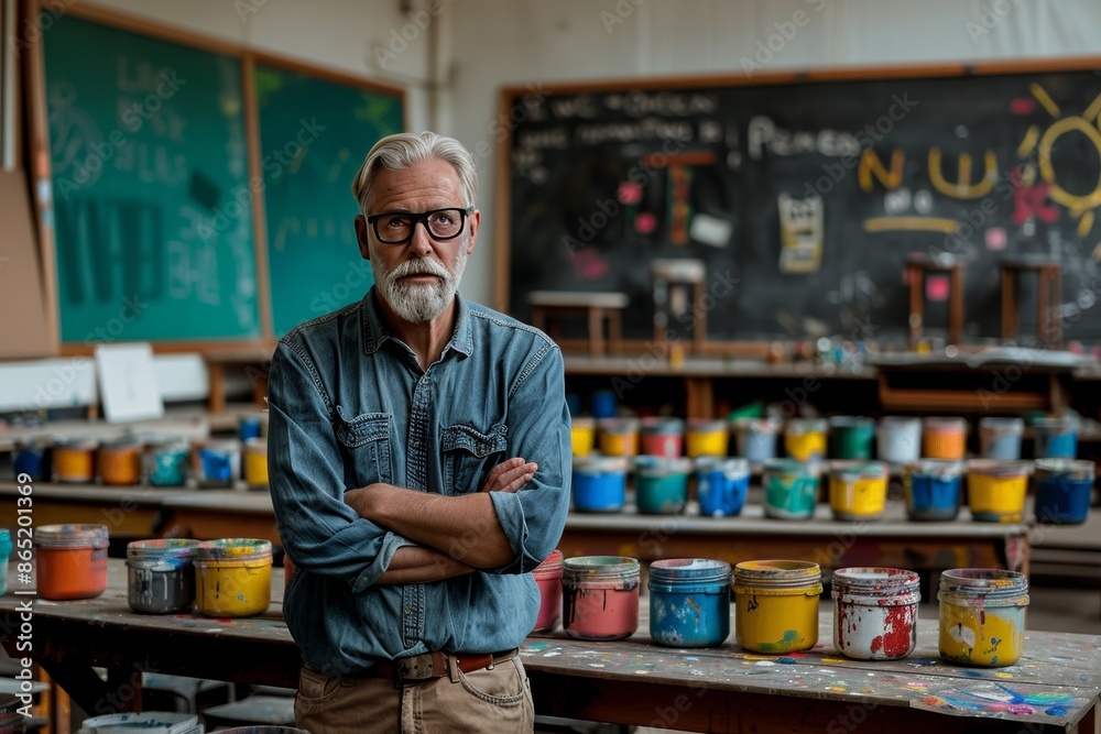 Mature Artist Standing in a Classroom With Paint Cans Mature Artist Standing in a Classroom With Paint Cans