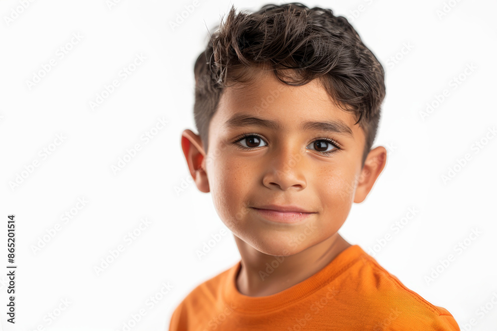 Adorable Hispanic school-aged boy with a confident expression, facing the camera, isolated on white background. Adorable Hispanic school-aged boy with a confident expression, facing the camera, isolated on white background.