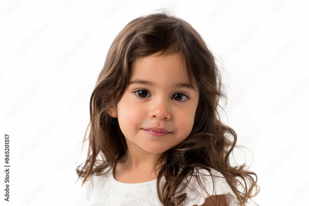 Adorable Hispanic preschool-aged girl with a confident look, facing the camera, isolated on white background. Adorable Hispanic preschool-aged girl with a confident look, facing the camera, isolated on white background.