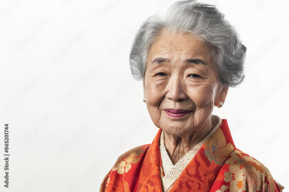 Beautiful elderly Japanese woman with a warm smile, looking at the camera, isolated on white background. Beautiful elderly Japanese woman with a warm smile, looking at the camera, isolated on white background.