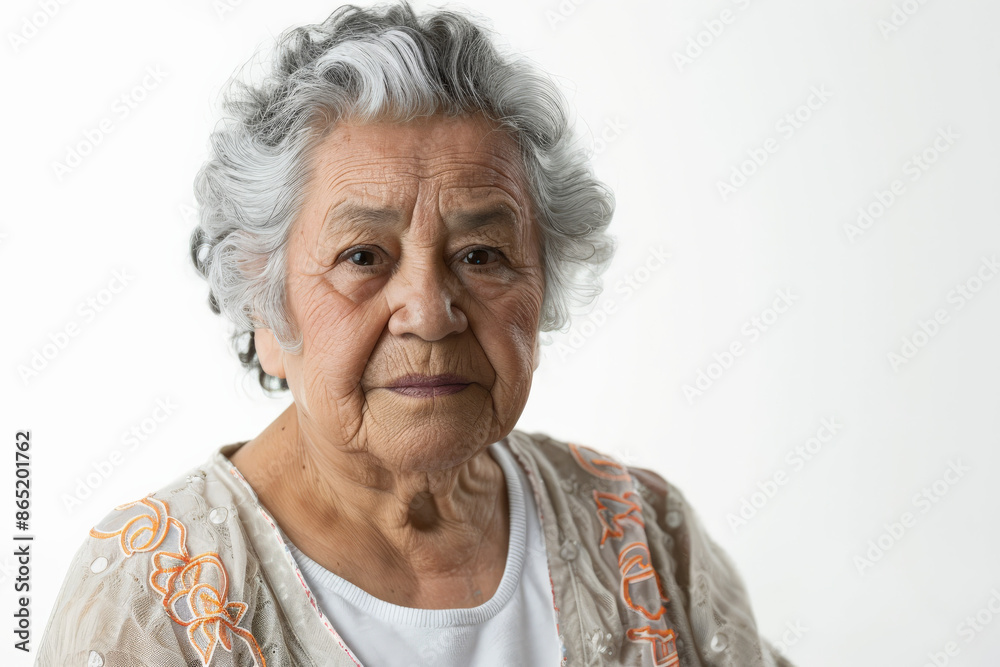 Beautiful elderly Latin woman with a warm expression, looking into the camera, isolated on white background.