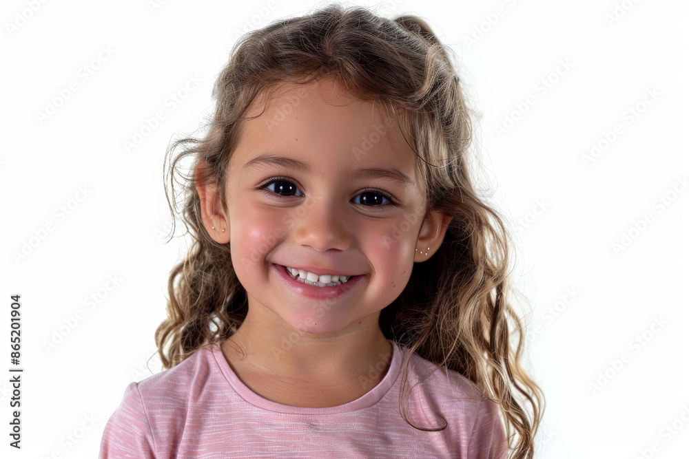 Charming Brazilian preschool-aged girl with a captivating smile, facing the camera, isolated on white background. Charming Brazilian preschool-aged girl with a captivating smile, facing the camera, isolated on white background.