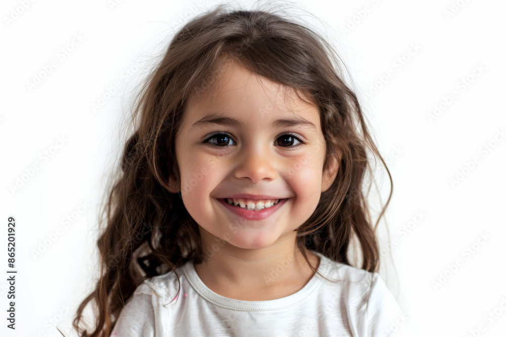 Charming Brazilian preschool-aged girl with a captivating smile, facing the camera, isolated on white background. Charming Brazilian preschool-aged girl with a captivating smile, facing the camera, isolated on white background.