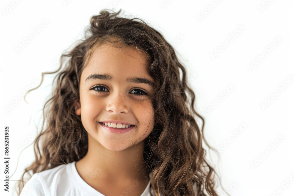 Charming Brazilian school-aged girl with a captivating smile, facing the camera, isolated on white background. Charming Brazilian school-aged girl with a captivating smile, facing the camera, isolated on white background.