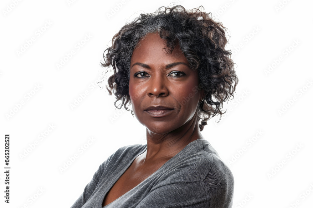 Gorgeous mid aged mature African American woman with a confident expression, looking directly at the camera, isolated on white background. Gorgeous mid aged mature African American woman with a confident expression, looking directly at the camera, isolated on white background.