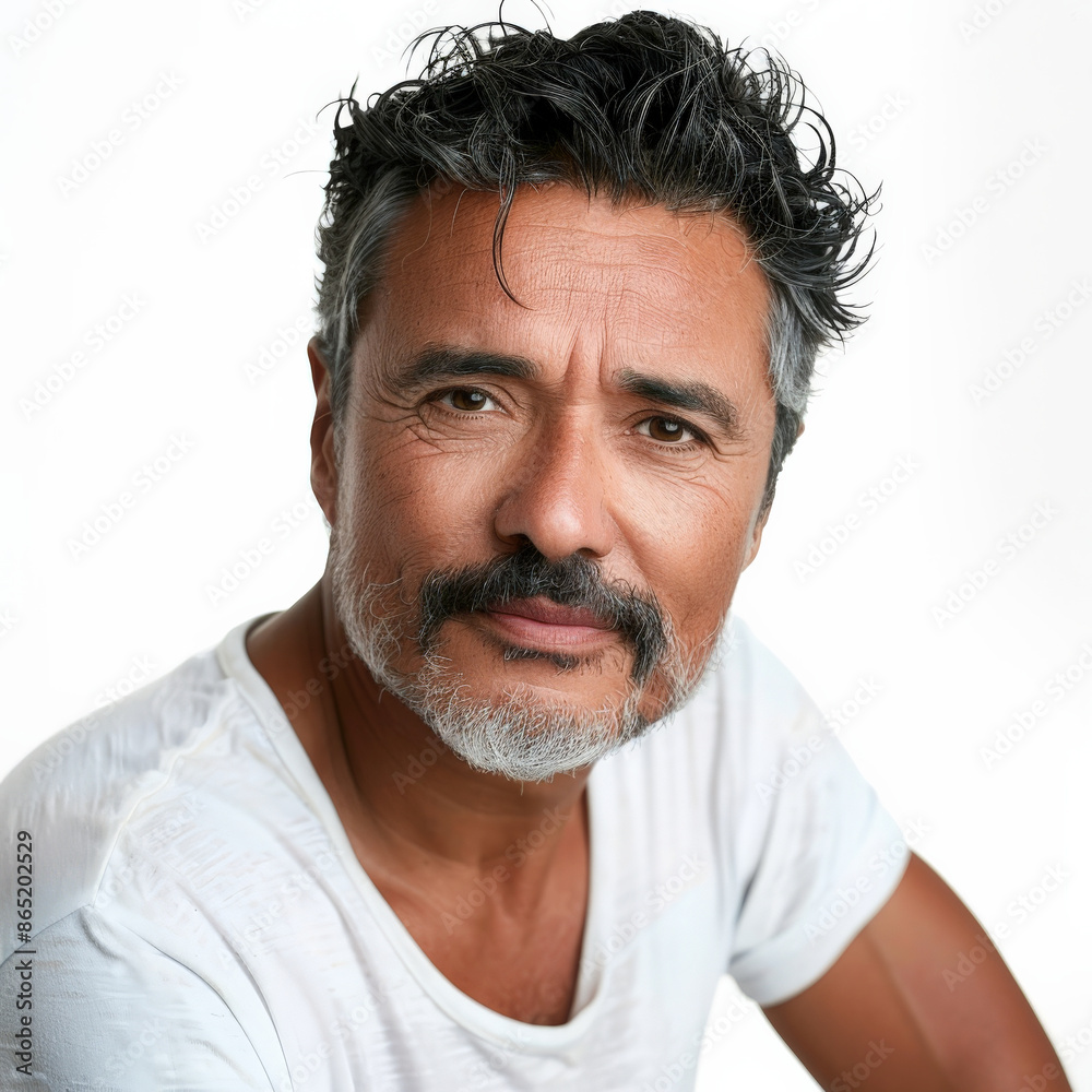 Gorgeous mid aged mature Hispanic man with a confident expression, facing the camera, isolated on white background. Gorgeous mid aged mature Hispanic man with a confident expression, facing the camera, isolated on white background.
