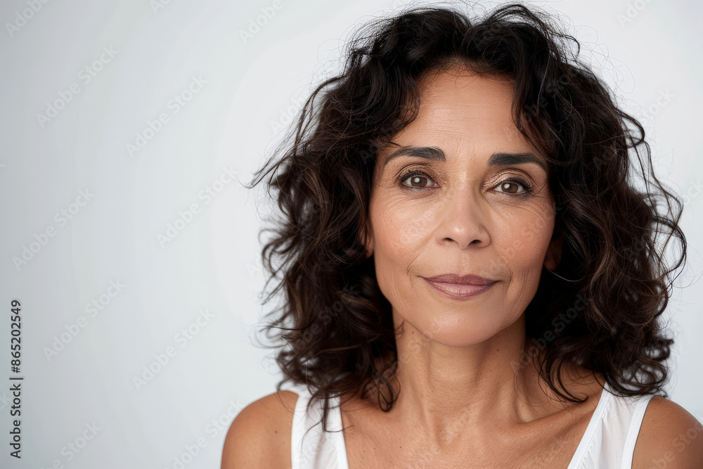 Gorgeous mid aged mature Hispanic woman with a confident look, facing the camera, isolated on white background.