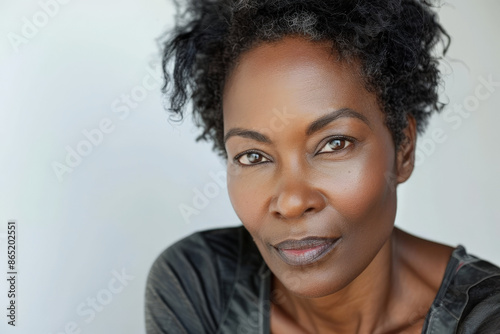 Gorgeous mid aged mature African American woman with a confident expression, looking directly at the camera, isolated on white background.