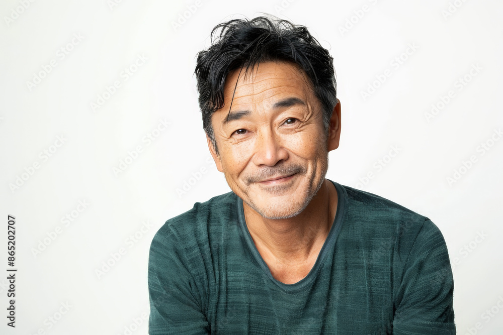 Handsome mid aged mature Japanese man with an inviting smile, looking at the camera, isolated on white background. Handsome mid aged mature Japanese man with an inviting smile, looking at the camera, isolated on white background.