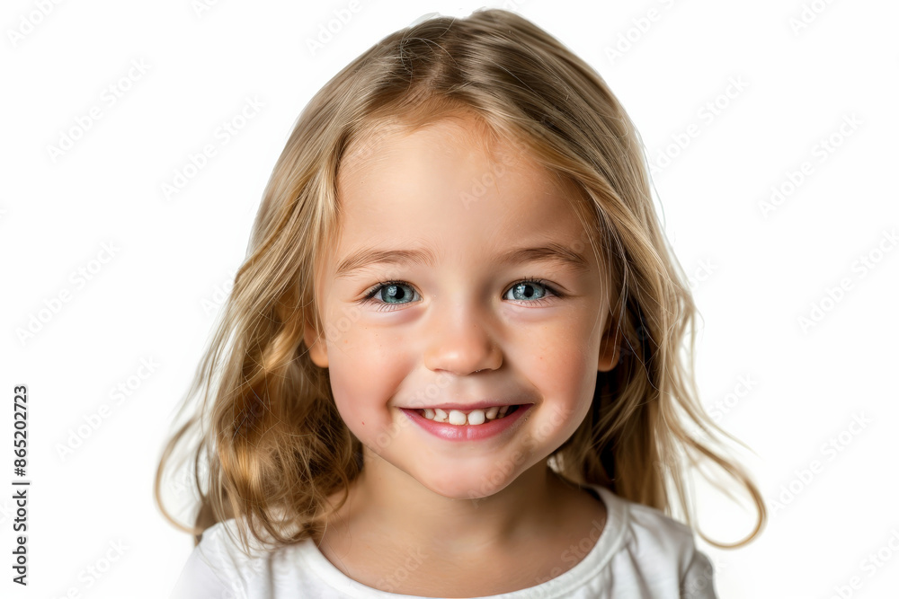 Happy Caucasian preschool-aged girl with an engaging smile, facing the camera, isolated on white background. Happy Caucasian preschool-aged girl with an engaging smile, facing the camera, isolated on white background.