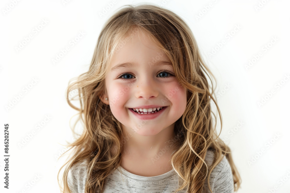 Happy Caucasian preschool-aged girl with an engaging smile, facing the camera, isolated on white background. Happy Caucasian preschool-aged girl with an engaging smile, facing the camera, isolated on white background.