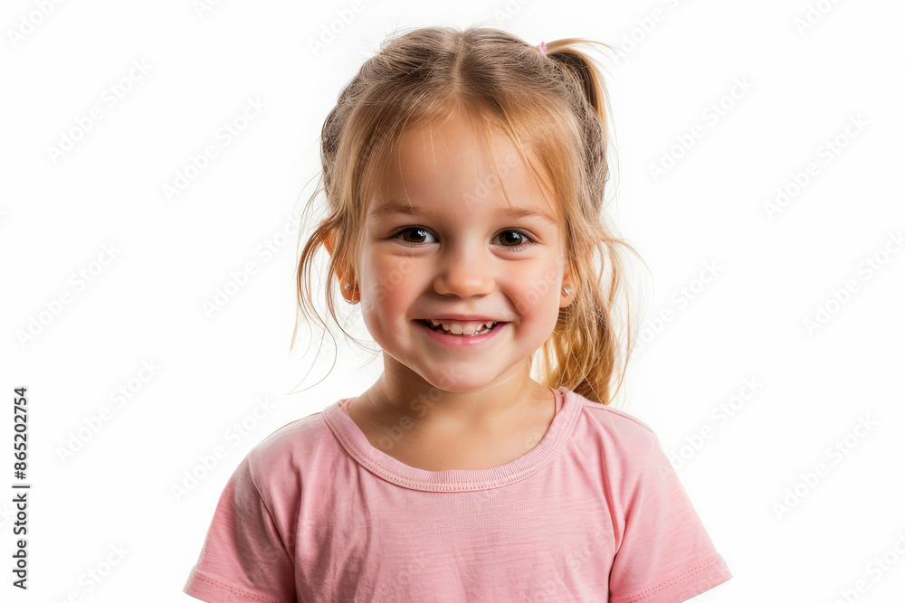Happy Caucasian preschool-aged girl with an engaging smile, facing the camera, isolated on white background. Happy Caucasian preschool-aged girl with an engaging smile, facing the camera, isolated on white background.