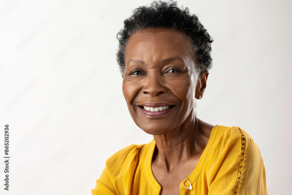 Stunning elderly Black woman with a radiant smile, gazing at the camera, isolated on white background. Stunning elderly Black woman with a radiant smile, gazing at the camera, isolated on white background.