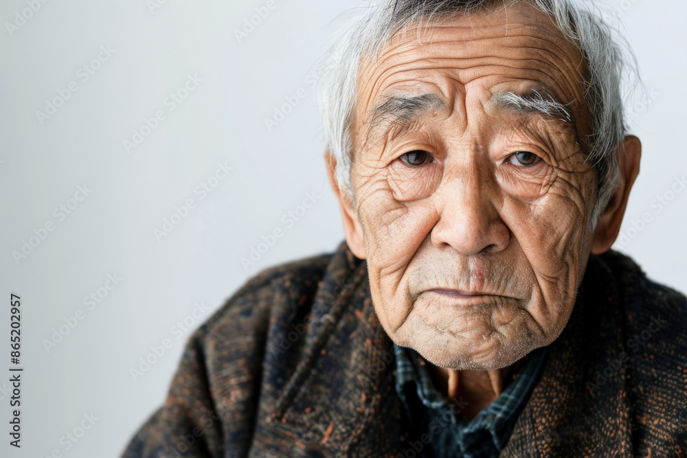 Stunning elderly Japanese man with a thoughtful expression, looking at the camera, isolated on white background. Stunning elderly Japanese man with a thoughtful expression, looking at the camera, isolated on white background.