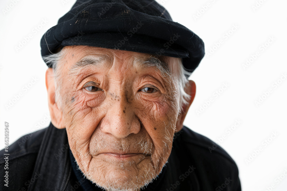 Stunning elderly Japanese man with a thoughtful expression, looking at the camera, isolated on white background. Stunning elderly Japanese man with a thoughtful expression, looking at the camera, isolated on white background.