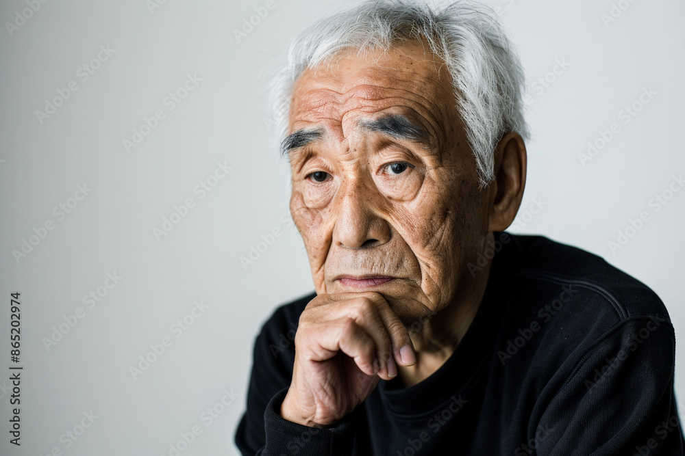 Stunning elderly Japanese man with a thoughtful expression, looking at the camera, isolated on white background. Stunning elderly Japanese man with a thoughtful expression, looking at the camera, isolated on white background.