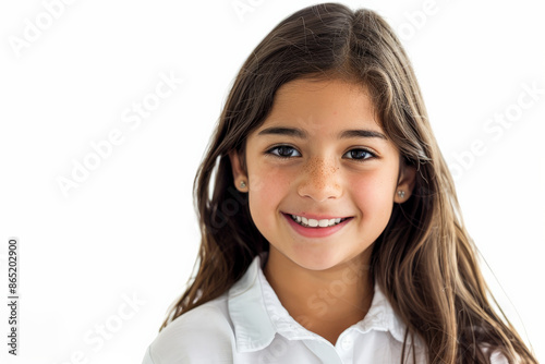 Lovely Latin school-aged girl with a bright smile, looking into the camera, isolated on white background.