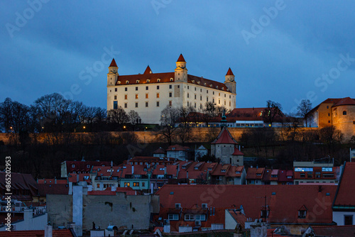 The main castle of Bratislava — Bratislava Castle at late evening, Slovakia. Top view from Old Town Hall of Bratislava (Slovak: Stará radnica) photo