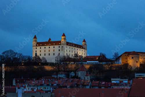 The Bratislava Castle at evening. View from Old Town Hall of Bratislava (Slovak: Stará radnica) photo