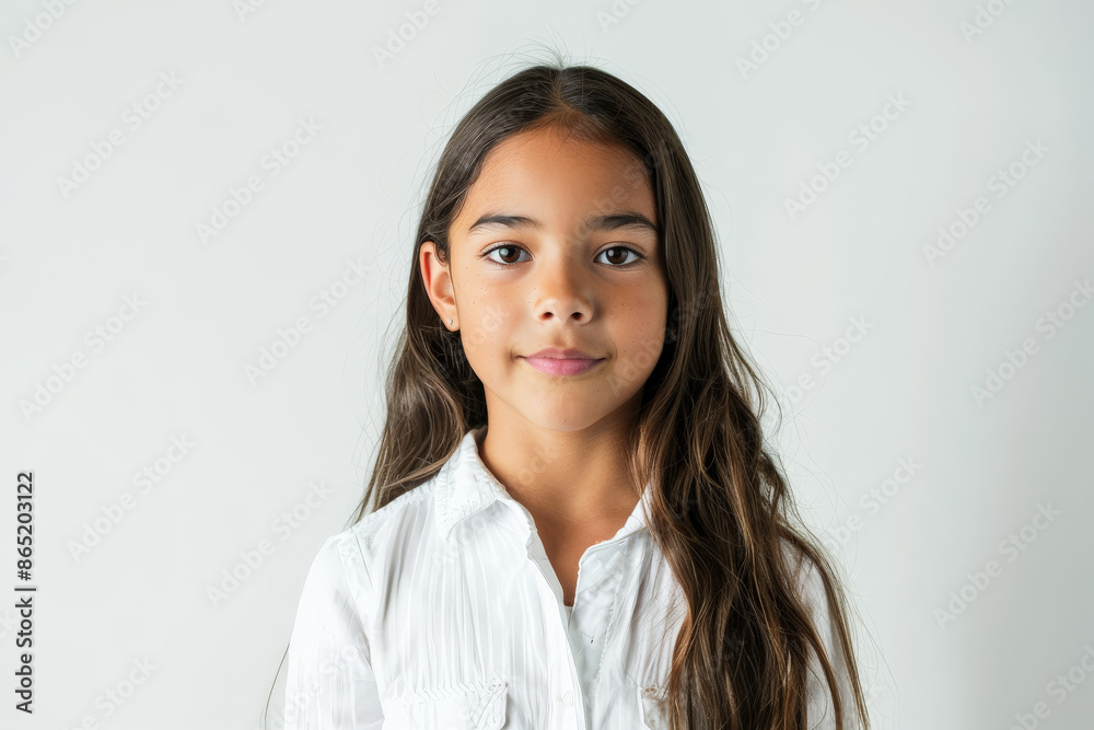 Sweet Hispanic school-aged girl with a confident look, facing the camera, isolated on white background. Sweet Hispanic school-aged girl with a confident look, facing the camera, isolated on white background.