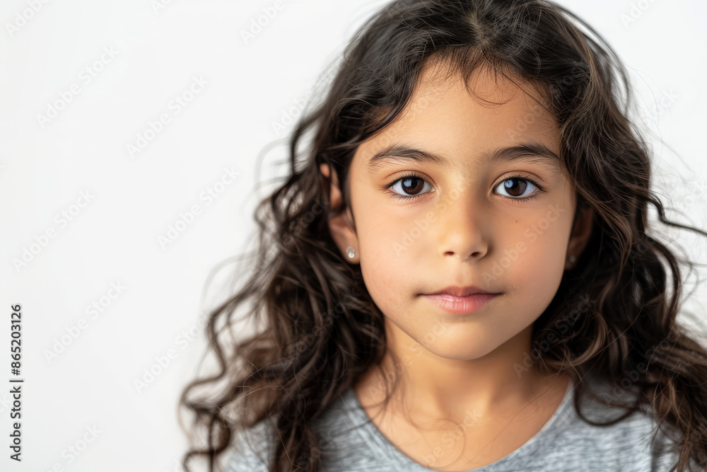 Sweet Hispanic school-aged girl with a confident look, facing the camera, isolated on white background. Sweet Hispanic school-aged girl with a confident look, facing the camera, isolated on white background.
