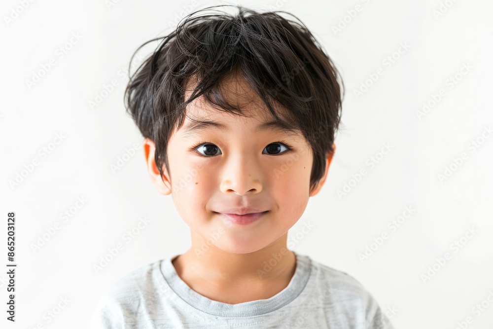 Sweet Japanese preschool-aged boy with a gentle smile, looking at the camera, isolated on white background. Sweet Japanese preschool-aged boy with a gentle smile, looking at the camera, isolated on white background.