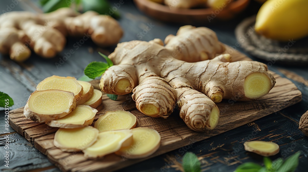 Fresh ginger roots and slices on wooden board, rustic background Fresh ginger roots and slices on wooden board, rustic background