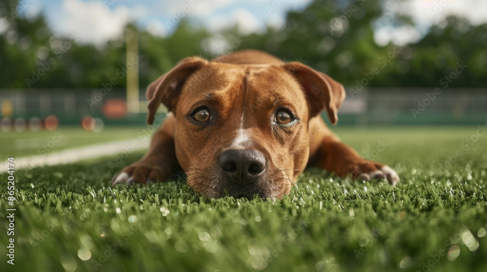 On the football pitch, outside, lies a brown dog. On the football pitch, outside, lies a brown dog.