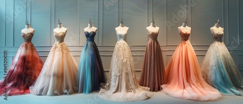 Various elegant wedding dresses in shop 