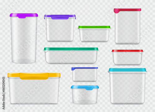 Realistic plastic food containers, transparent boxes vector mockups of 3d food packages with color lids. Clear plastic containers, round bucket, cup, jar and pot, rectangular lunchbox, bowl and box