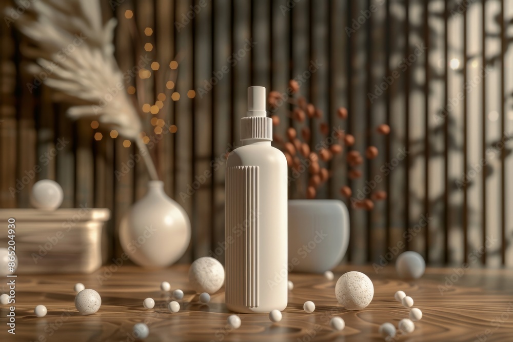 3D render of cosmetic bottle mockup in minimalistic style, beige, brown color palette, geometric shapes 3D render of cosmetic bottle mockup in minimalistic style, beige, brown color palette, geometric shapes