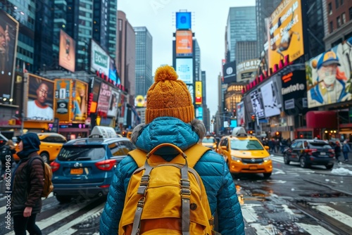 A Tourist Wearing a Yellow Backpack Walks Through New York Citys Times Square © denklim