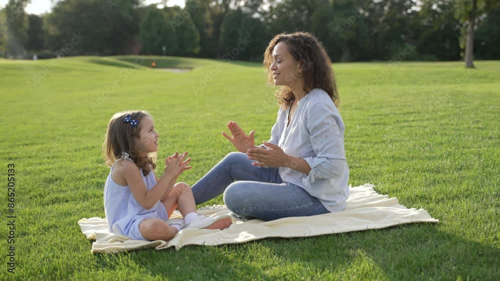 A multicultural family is enjoying summer in the park, with the mother and daughter playing, bonding and creating precious memories together A multicultural family is enjoying summer in the park, with the mother and daughter playing, bonding and creating precious memories together