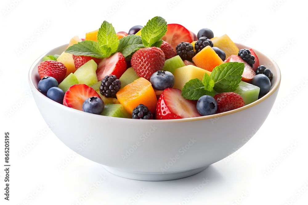 White bowl of fresh fruit salad isolated on white background. Healthy summer meal White bowl of fresh fruit salad isolated on white background. Healthy summer meal