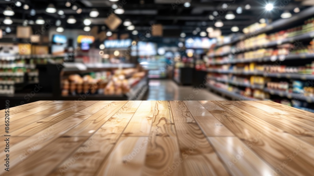 Obraz premium Vibrant Supermarket Grocery Store Ambiance on Polished Wooden Table - High-Resolution