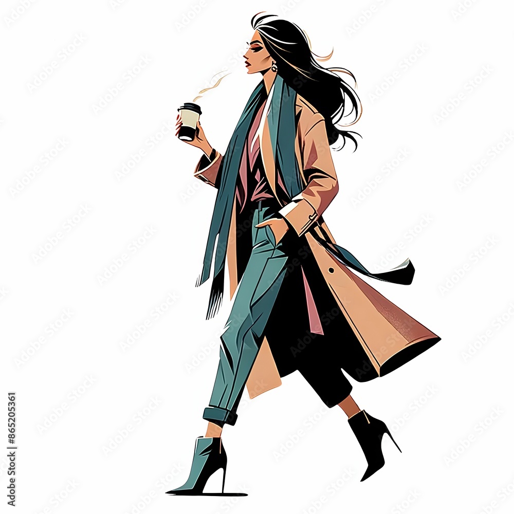 Obraz premium フラットスタイルのアメリカンコミック風に描かれたスタイリッシュな女性が歩いているシーンです。彼女はロングコートとスカーフ、ロールアップしたパンツ、ハイヒールを着用しています。手にはコーヒーカップを持ち、長い髪が風になびいています。背景は白で、キャラクターのディテールが際立っています。全体的に、画像はモダンでエレガントな印象を与えます。
