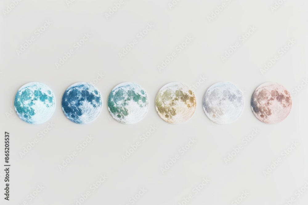 Minimalist moon phases in soft pastel tones, floating on clean white space Minimalist moon phases in soft pastel tones, floating on clean white space