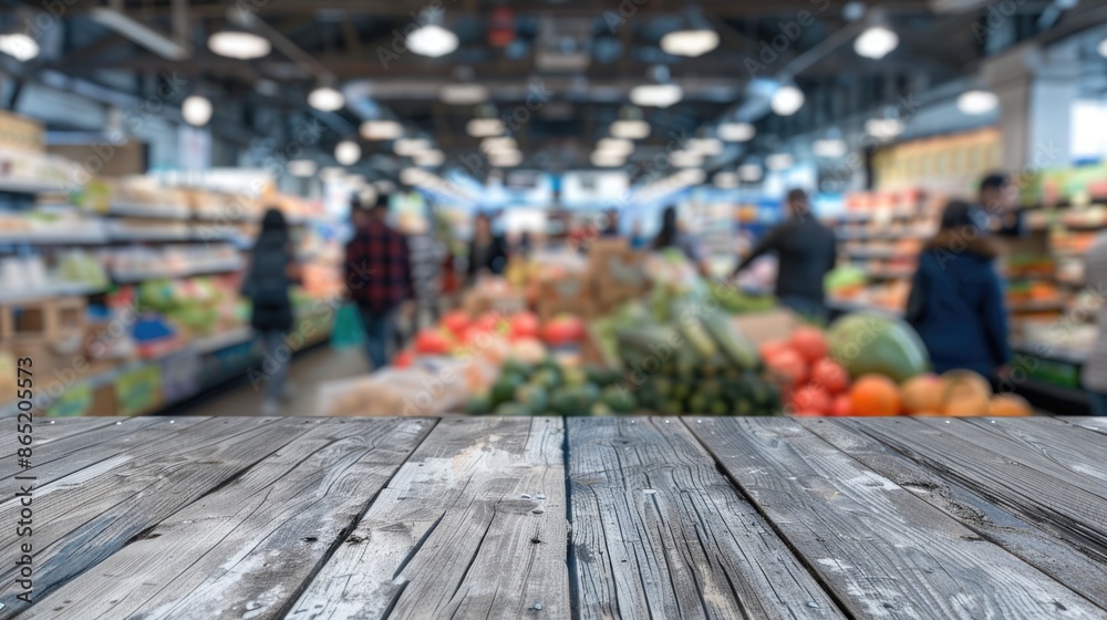 Cozy Market Ambiance - Wooden Table in Busy Supermarket with Blurred Bokeh Background of Shoppers in Motion