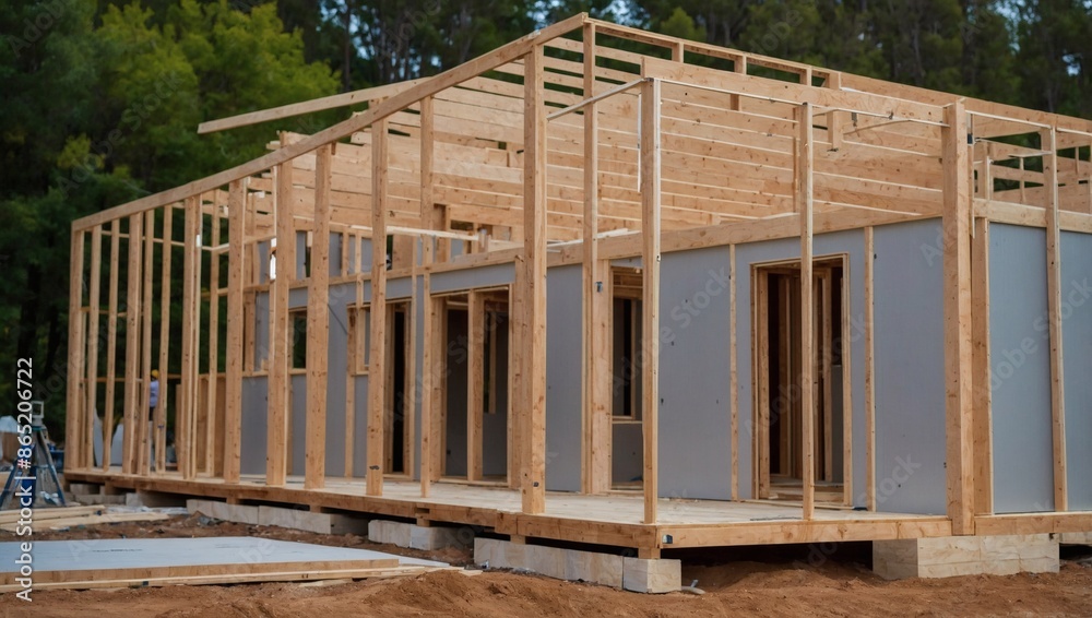 Prefabricated residential home construction underway at site Prefabricated residential home construction underway at site