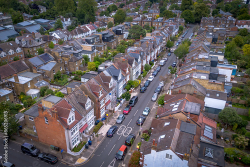Photography Aerial view of typical street of terraced houses in Ealing, West London