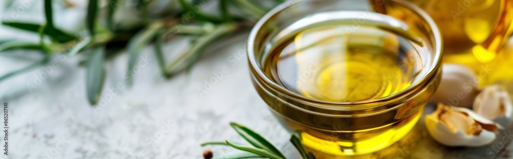 Olive Oil in Glass Bowls with Herbs and Garlic Olive Oil in Glass Bowls with Herbs and Garlic