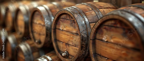 Wine barrels in wine vaults, Wine or whiskey barrels, French wooden barrels 