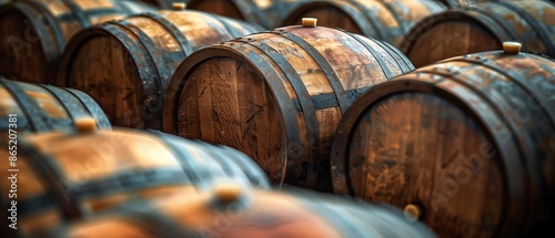 Wine barrels in wine vaults, Wine or whiskey barrels, French wooden barrels 