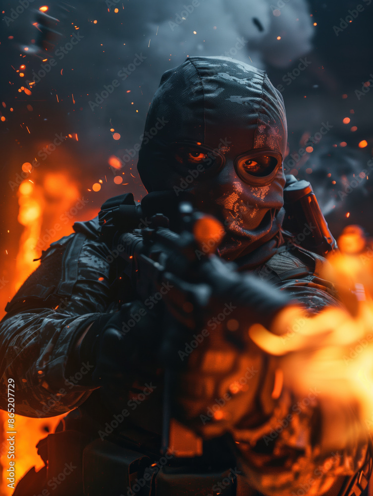 Close-up Military Soldier with Gas Mask and Rifle, Flames Reflected in Goggles, Post-Apocalyptic Background Close-up Military Soldier with Gas Mask and Rifle, Flames Reflected in Goggles, Post-Apocalyptic Background