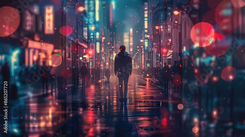 a lonely figure of a man on a crowded street among the night lights Generative AI technology. photo