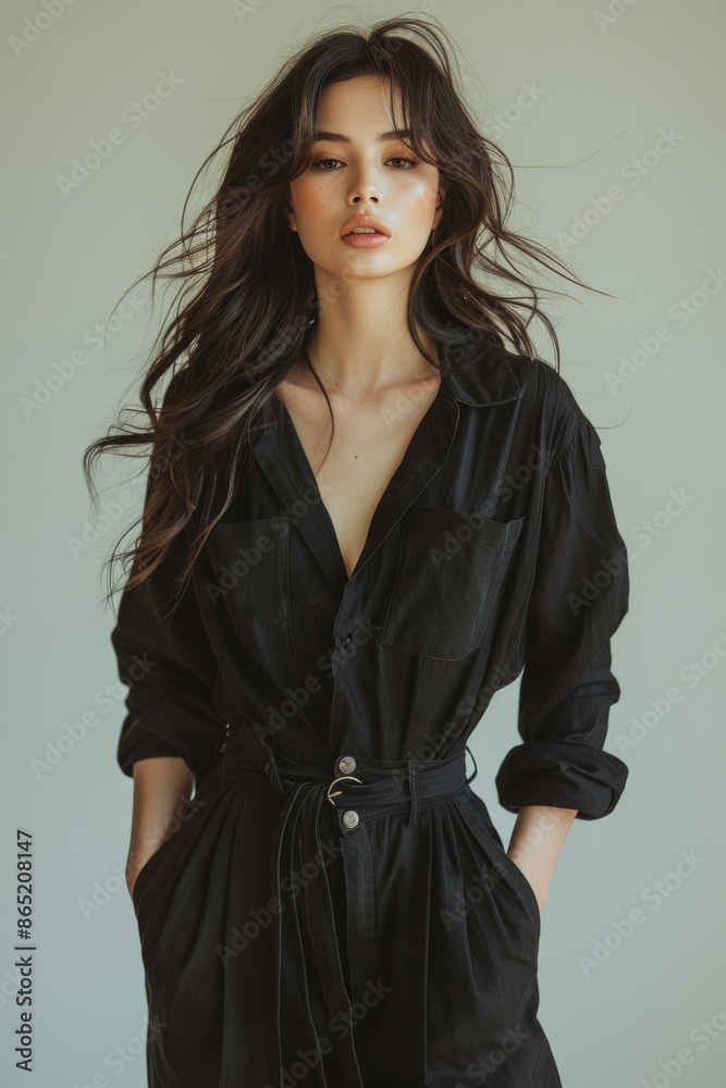A stylish beautiful model in high fashion attire striking a confident pose A stylish beautiful model in high fashion attire striking a confident pose