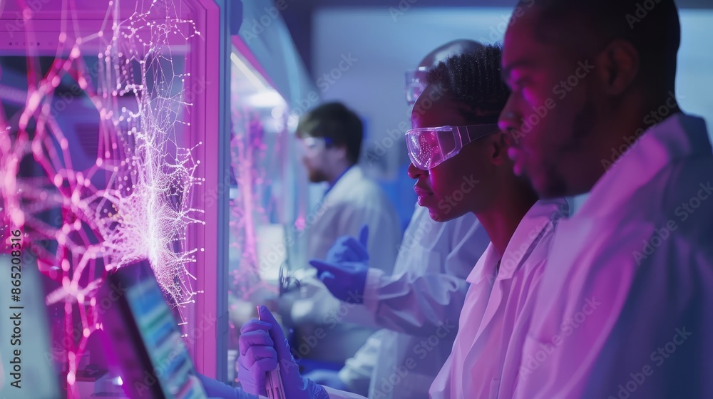 Fototapeta premium Diverse Team of Scientists Analyzing Data in High-Tech Laboratory. Generative ai