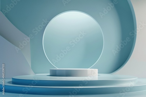 Minimalist blue podium or platform for product presentation with circle shapes. 3D illustration for cosmetic and fashion branding.