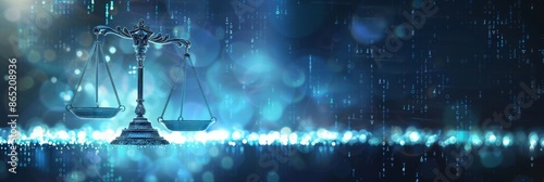 AI ethics concept with balanced scales, digital codes, and ethical guidelines